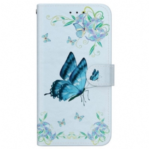 Housse Motorola Edge 50 Fusion Papillon Bleu et Fleurs à Lanière