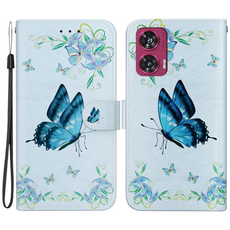 Housse Motorola Edge 50 Fusion Papillon Bleu et Fleurs à Lanière