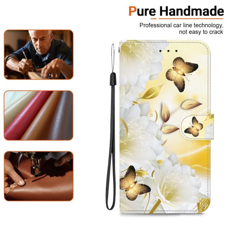 Housse Motorola Edge 50 Fusion Papillons Dorés et Fleurs Blanches à Lanière