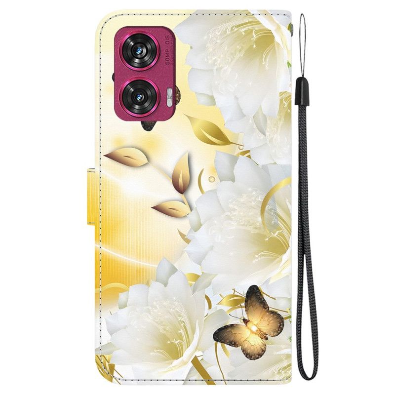 Housse Motorola Edge 50 Fusion Papillons Dorés et Fleurs Blanches à Lanière