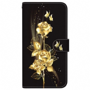 Housse Motorola Edge 50 Fusion Papillons Dorés et Roses à Lanière