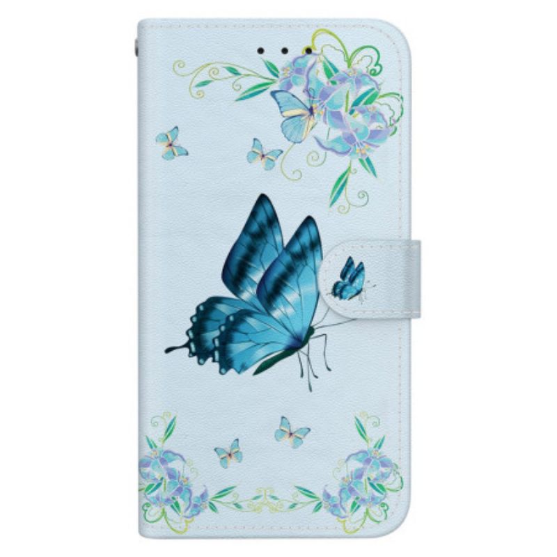 Housse Honor 200 5G Papillon Bleu et Fleurs à Lanière