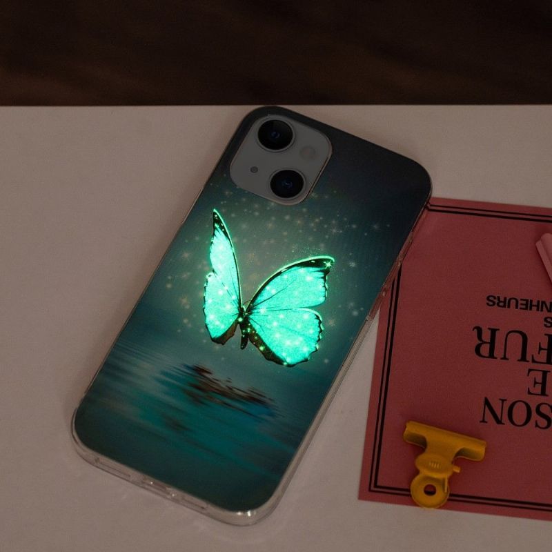 Coque iPhone 13 Fluorescente papillon bleu