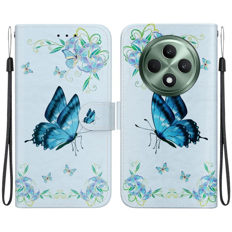 Housse Oppo Reno 12F 5G Papillon Bleu et Fleurs à Lanière