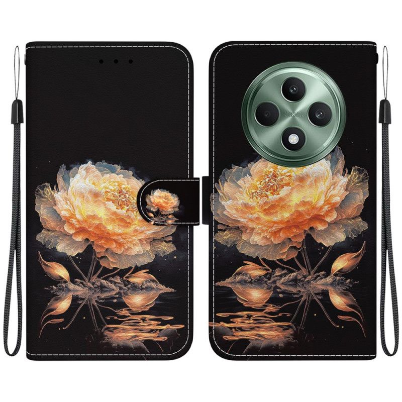 Housse Oppo Reno 12F 5G Pivoine Dorée à Lanière