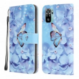 Housse Xiaomi Redmi Note 10/10S/Poco M5s Papillons Diamants à Lanière