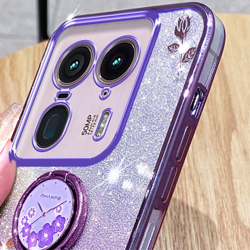 Coque Motorola Edge 50 Ultra Anneau-Support Fleurs et Strass KADEM