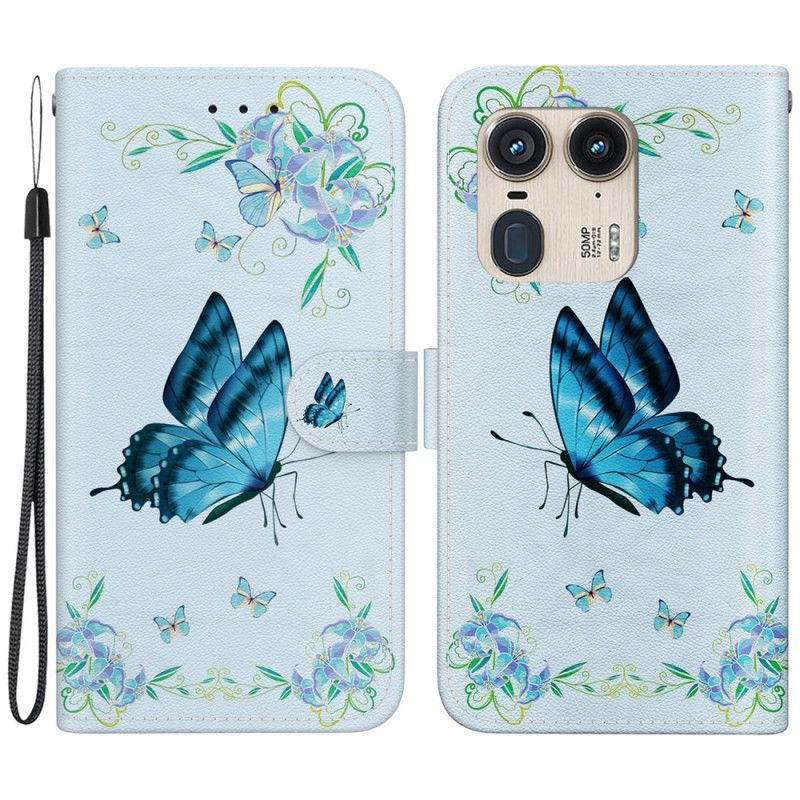 Housse Motorola Edge 50 Ultra Papillon Bleu et Fleurs à Lanière