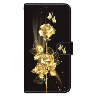 Housse Oppo Reno 12 Pro 5G Papillon Dorés et Roses à Lanière