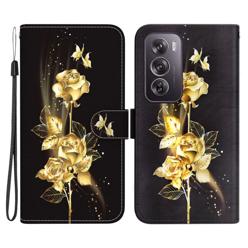 Housse Oppo Reno 12 Pro 5G Papillon Dorés et Roses à Lanière