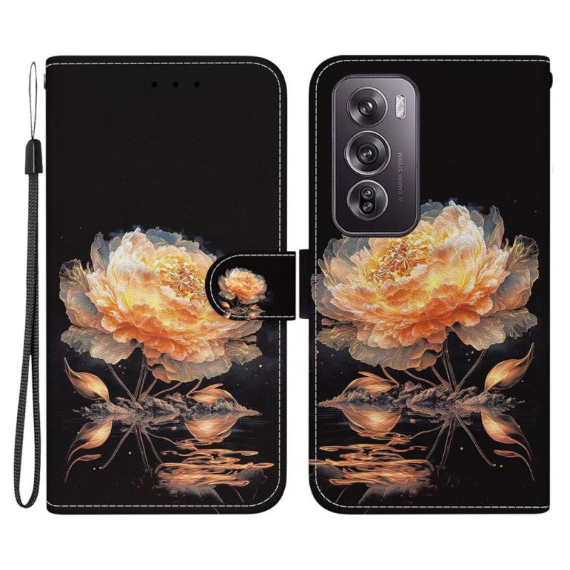 Housse Oppo Reno 12 Pro 5G Pivoine Dorée à Lanière