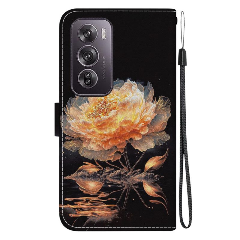 Housse Oppo Reno 12 Pro 5G Pivoine Dorée à Lanière