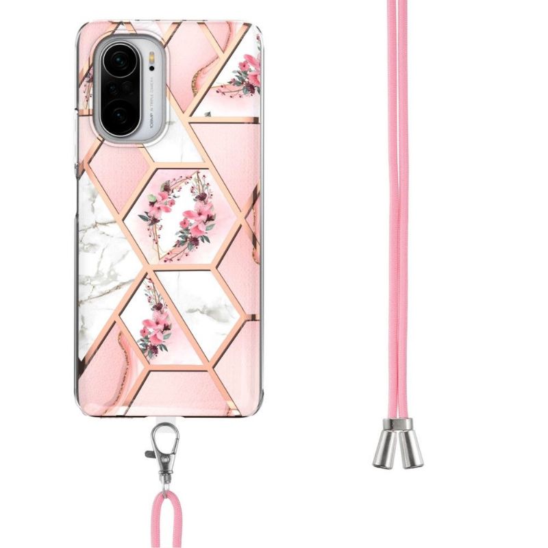 Coque Poco F3 / Xiaomi Mi 11i 5G marbre et couronne de fleurs à cordon