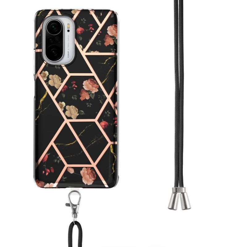 Coque Poco F3 / Xiaomi Mi 11i 5G marbre et fleurs à cordon