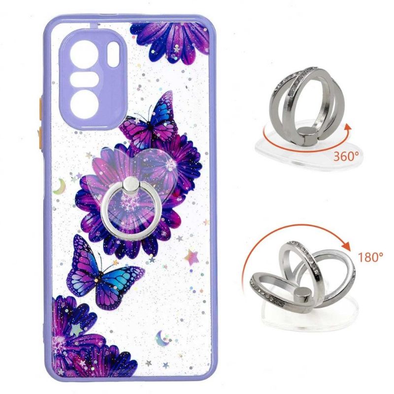 Coque Xiaomi Mi 11i 5G / Poco F3 fleurs et papillons violets avec anneau