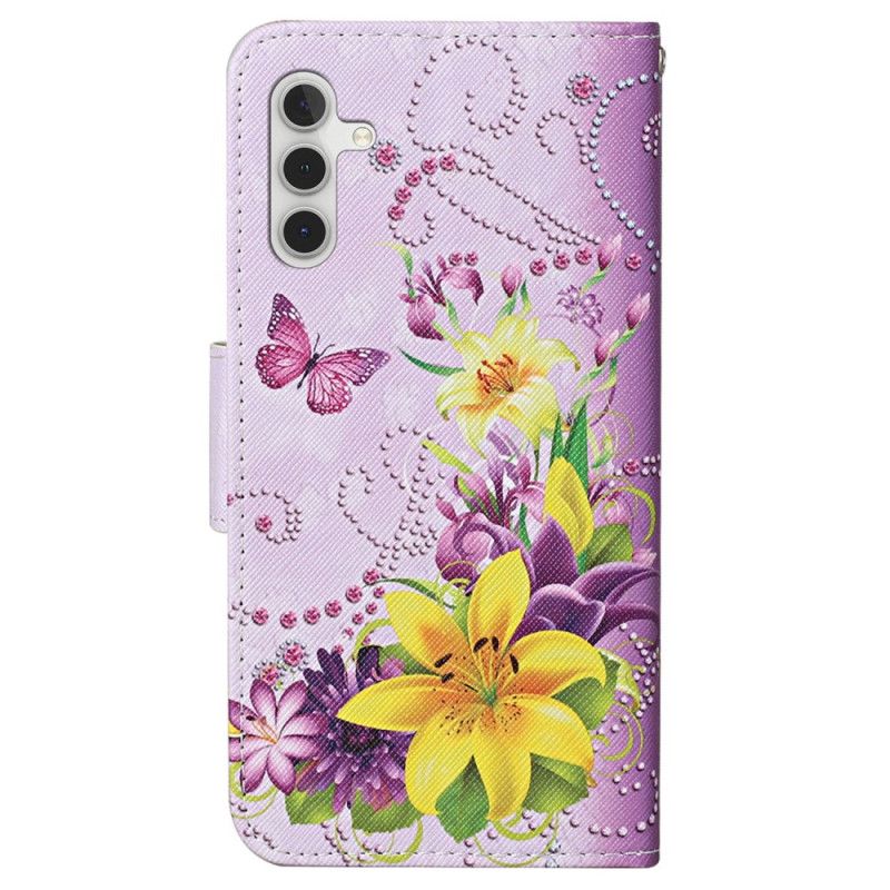 Housse Samsung Galaxy A15 5G Fleurs Jaunes et Papillons à Lanière