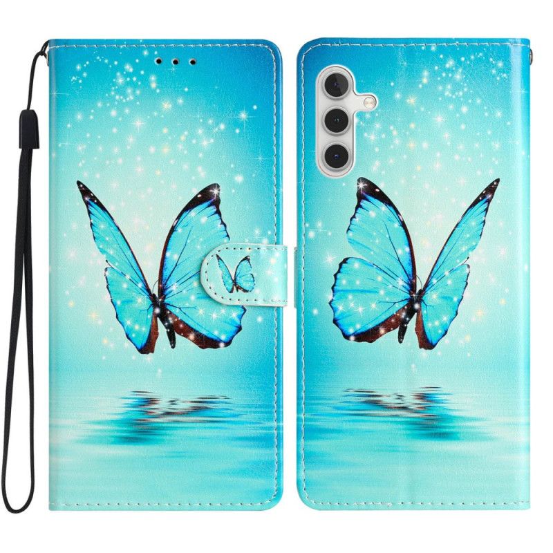 Housse Samsung Galaxy A15 5G Papillon Bleu à Lanière