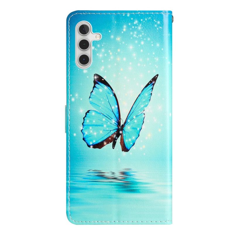 Housse Samsung Galaxy A15 5G Papillon Bleu à Lanière