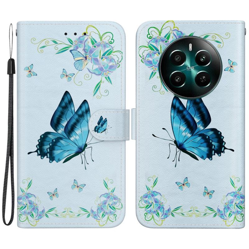 Housse Realme 12 Plus 5G Papillon Bleu et Fleurs à Lanière