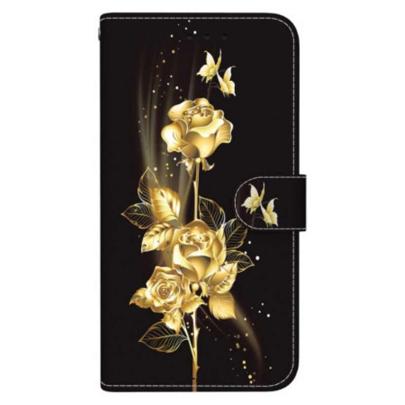 Housse Realme 12 Plus 5G Papillon Doré et Roses à Lanière