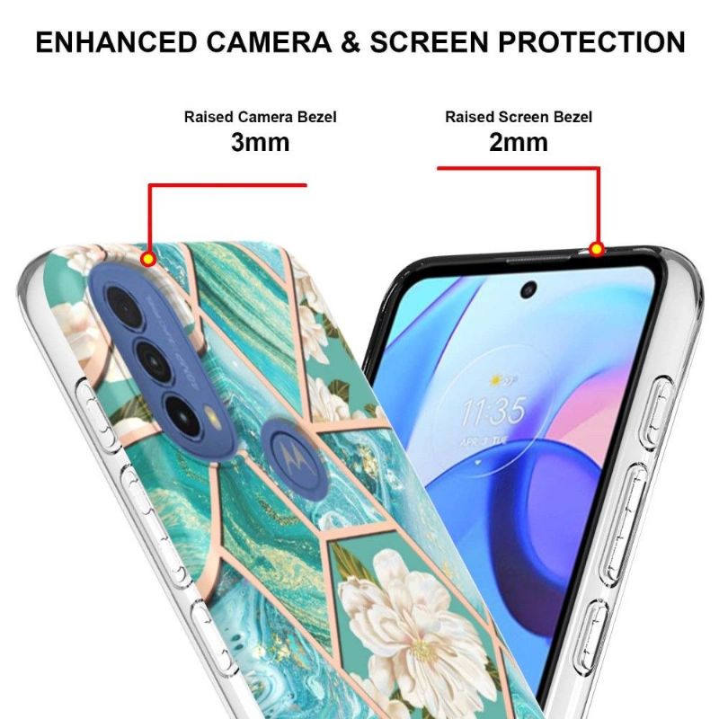 Coque Motorola Moto E40 / E30 / E20 marbre et fleurs blanches