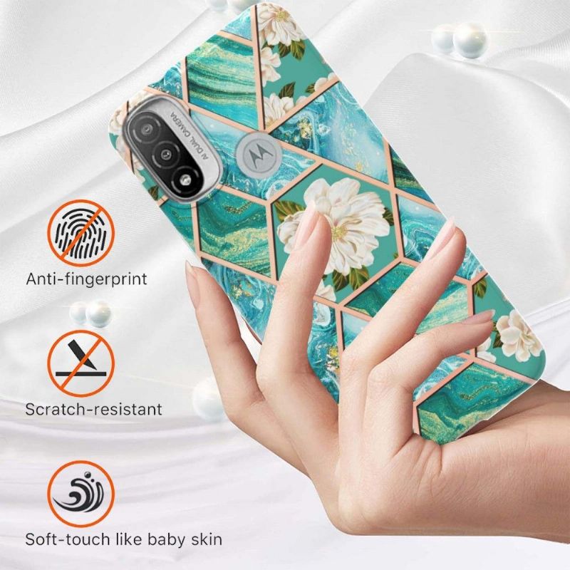 Motorola Moto E20 / E30 / E40 - Coque marbre et fleurs blanches