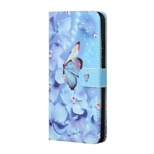 Housse Google Pixel 8A Fleurs et Papillons Bleus à Lanière