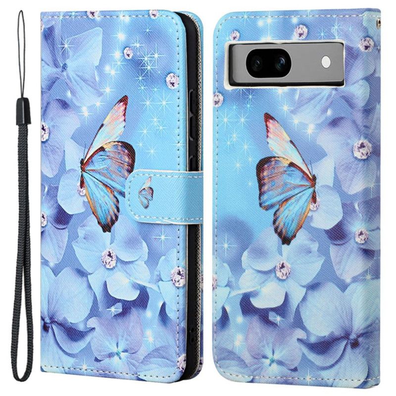 Housse Google Pixel 8A Fleurs et Papillons Bleus à Lanière