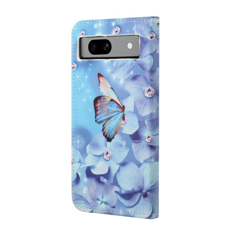 Housse Google Pixel 8A Fleurs et Papillons Bleus à Lanière