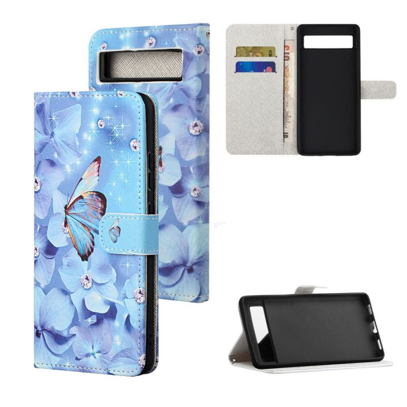 Housse Google Pixel 8A Fleurs et Papillons Bleus à Lanière