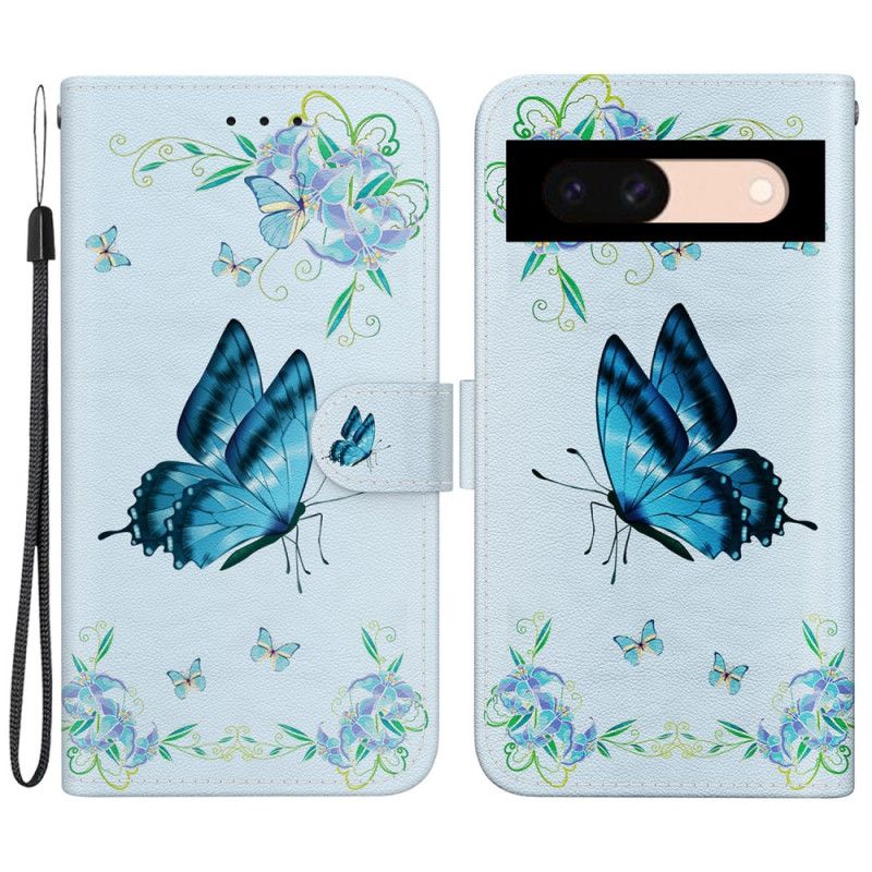 Housse Google Pixel 8A Papillons Bleus et Fleurs à Lanière