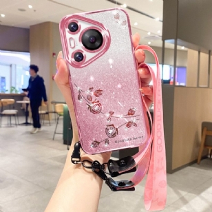 Coque Huawei Pura 70 Pro Fleurs et Strass avec Lanière