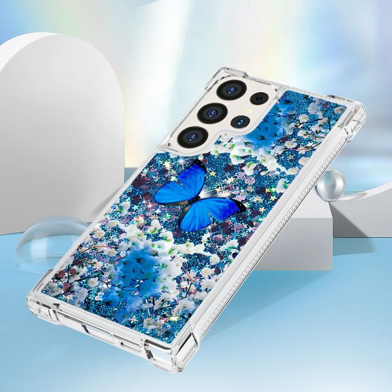 Coque Samsung Galaxy S24 Ultra 5G Paillettes Papillon Bleu