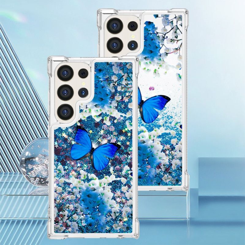 Coque Samsung Galaxy S24 Ultra 5G Paillettes Papillon Bleu