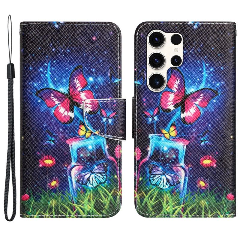 Housse Samsung Galaxy S24 Ultra 5G Bouteille et Papillon à Lanière