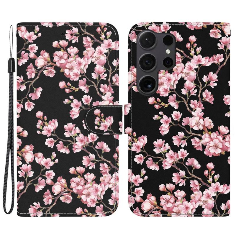 Housse Samsung Galaxy S24 Ultra 5G Fleurs de Prunier à Lanière