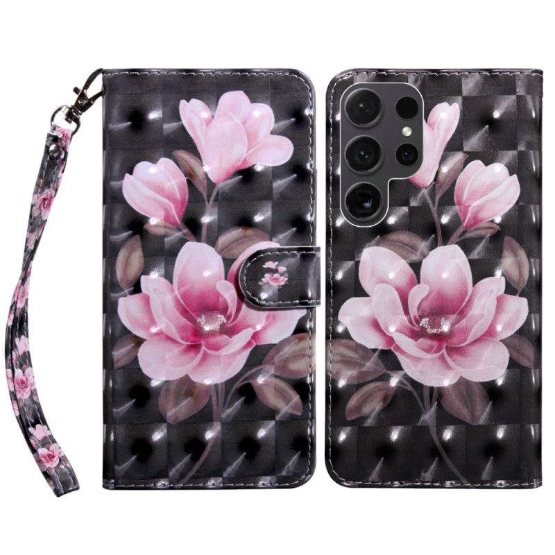 Housse Samsung Galaxy S24 Ultra 5G Fleurs Roses sur Fond Noir à Lanière