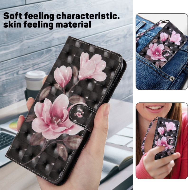 Housse Samsung Galaxy S24 Ultra 5G Fleurs Roses sur Fond Noir à Lanière