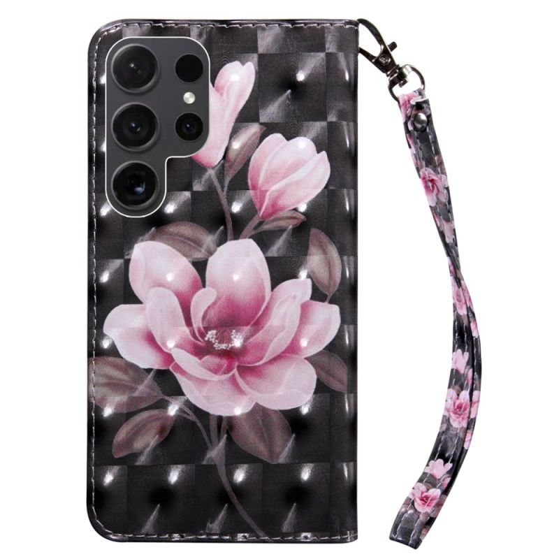 Housse Samsung Galaxy S24 Ultra 5G Fleurs Roses sur Fond Noir à Lanière