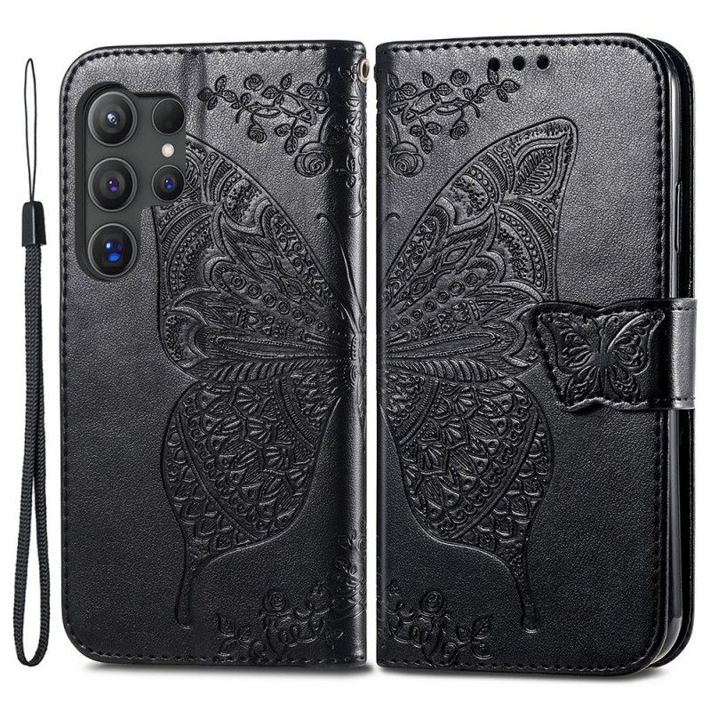 Housse Samsung Galaxy S24 Ultra 5G Papillon Baroque à Lanière