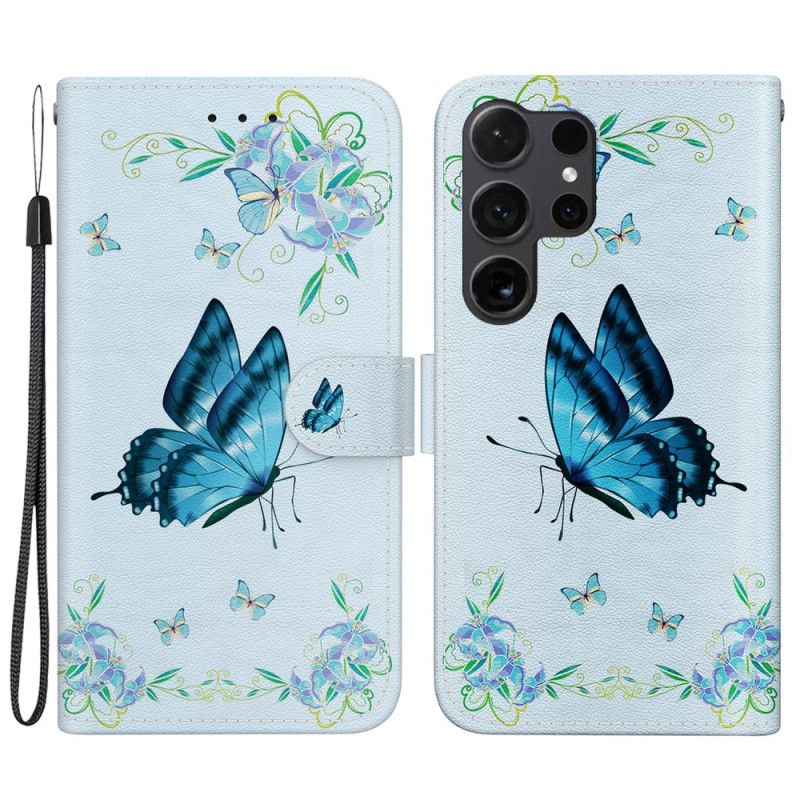 Housse Samsung Galaxy S24 Ultra 5G Papillon Bleu et Fleur à Lanière