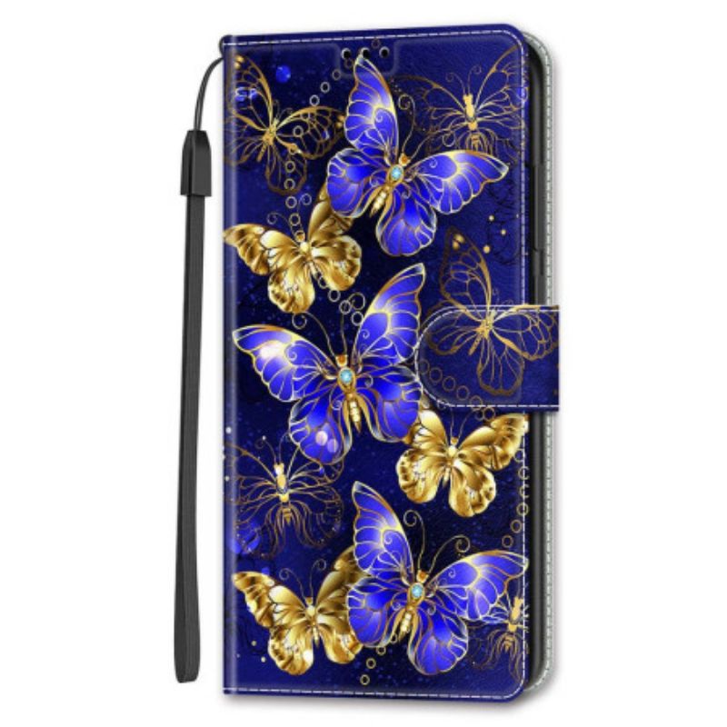 Housse Samsung Galaxy S24 Ultra 5G Papillons Dorés et Violets à Lanière