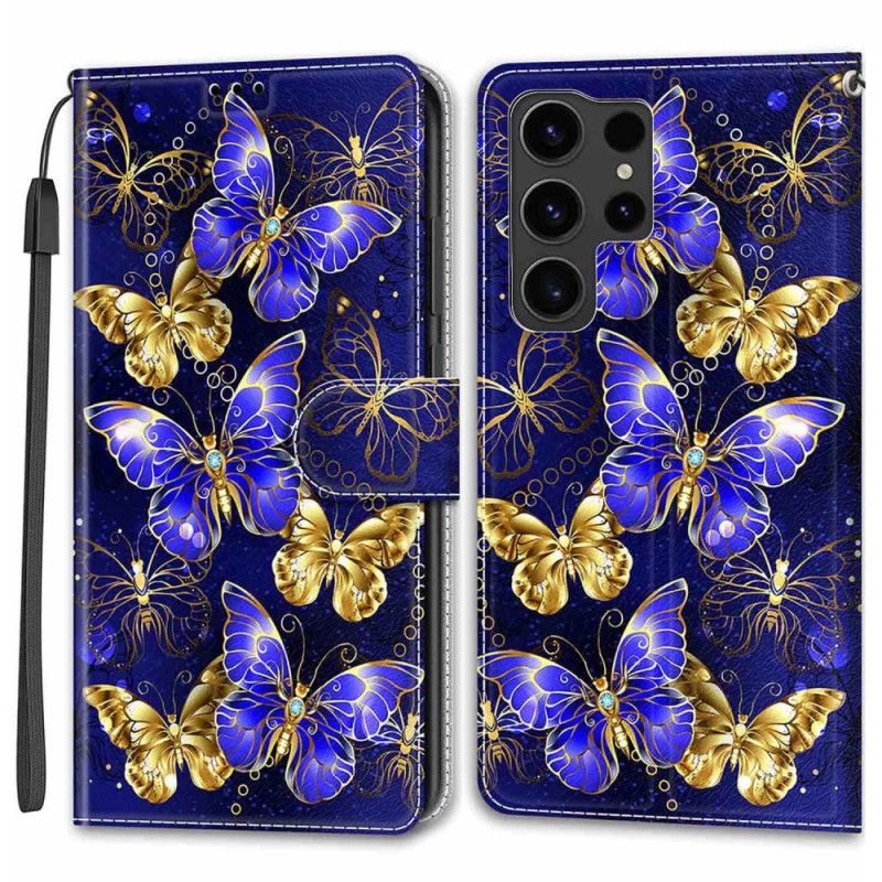 Housse Samsung Galaxy S24 Ultra 5G Papillons Dorés et Violets à Lanière