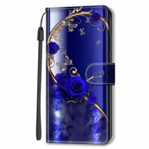 Housse Samsung Galaxy S24 Ultra 5G Rose Bleue et Papillons Dorés à Lanière