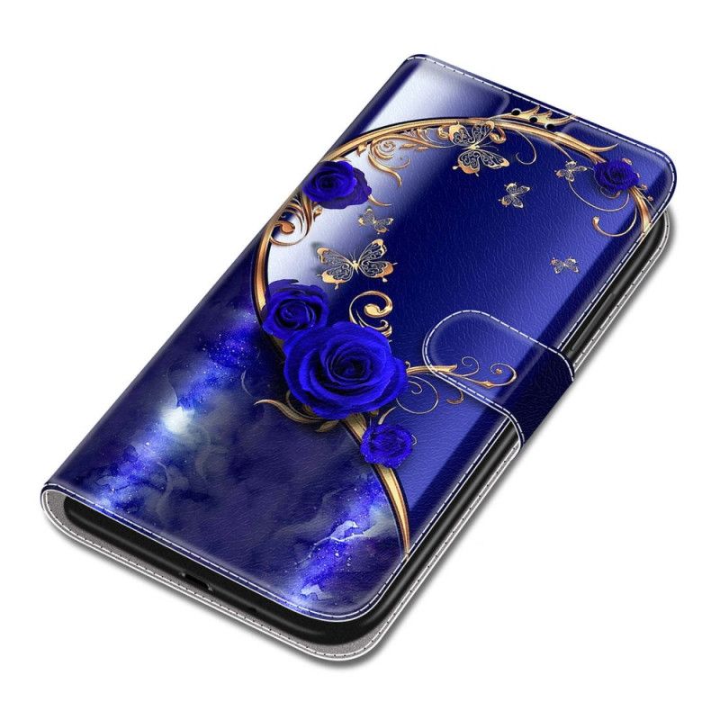 Housse Samsung Galaxy S24 Ultra 5G Rose Bleue et Papillons Dorés à Lanière