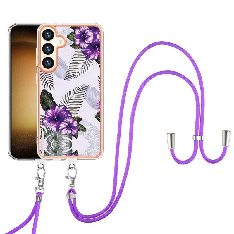 Coque à Cordon Samsung Galaxy S24 Plus 5G Fleurs Pourpres