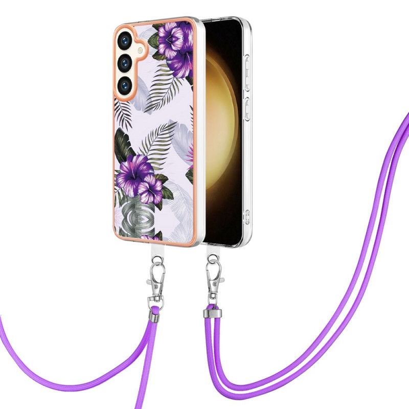 Coque à Cordon Samsung Galaxy S24 Plus 5G Fleurs Pourpres