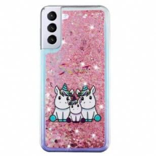 Coque Samsung Galaxy S24 Plus 5G Liquide Paillettes Trois Licornes