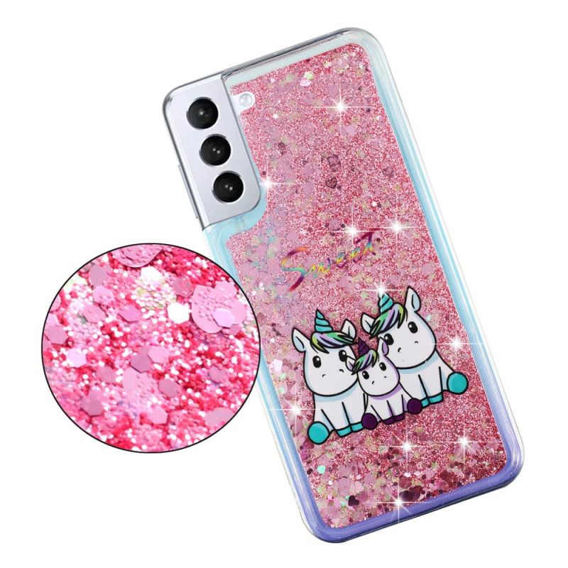 Coque Samsung Galaxy S24 Plus 5G Liquide Paillettes Trois Licornes