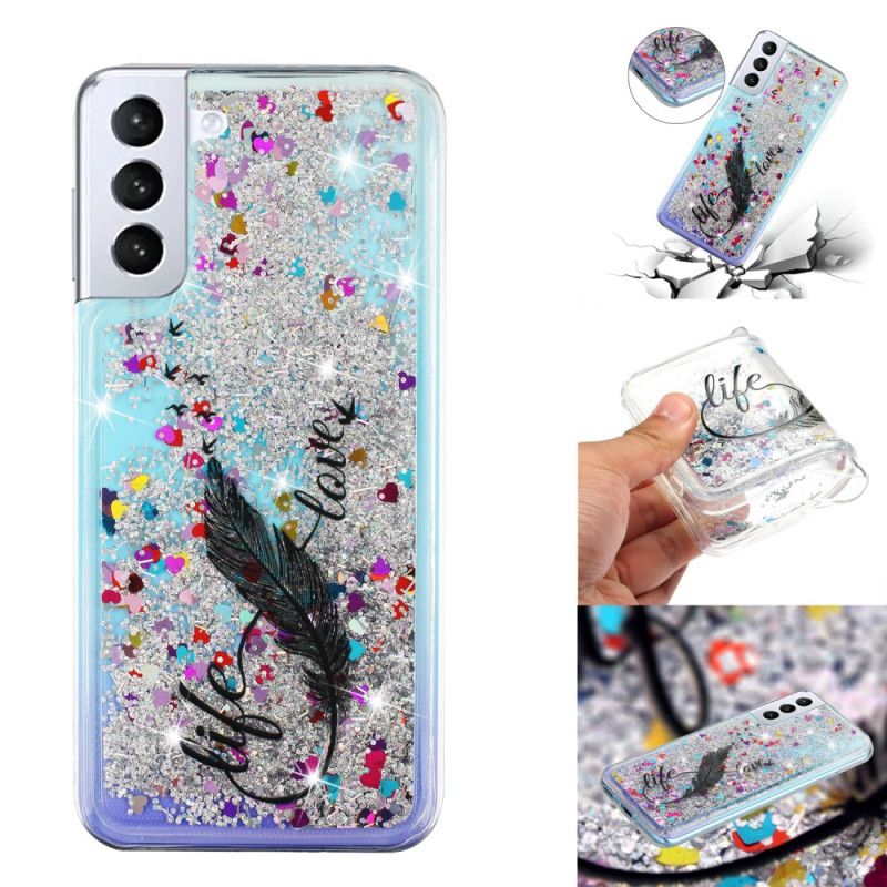 Coque Samsung Galaxy S24 Plus 5G Paillettes Liquides et Plumes